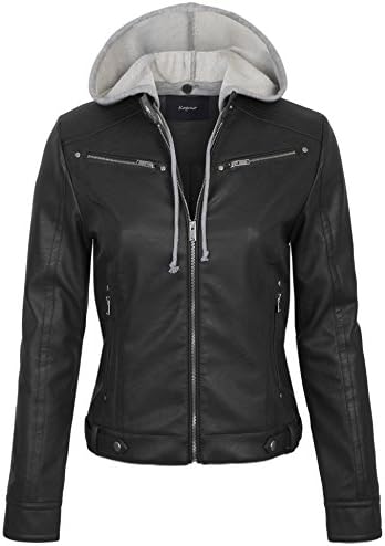 KOGMO Womens Faux PU Leather Zip Up Casual Moto Jacket With Hoodie