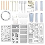 SUBANG 9 Pack Jewelry Casting Molds Silicone Resin Jewelry Molds with 48 Screw Eye Pins, 5 Wooden Stick, 5 Plastic Spoons, 5 Plastic Droppers, 4 Cupsill and 2 Plastic Droppers
