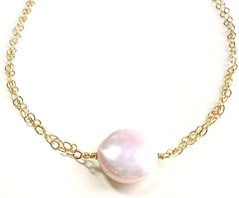 Large Cultured Freshwater Coin Pearl Necklace Double Chain 14K Gold Filled 16 Inches