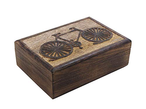 Ajuny Hand Carved Wooden Decorative Jewellery Keepsake Storage Box With Bicycle Motifs Design Multipurpose Use As Watch Box, Treasure Chest Box Great For Gifts 10x7 Inch