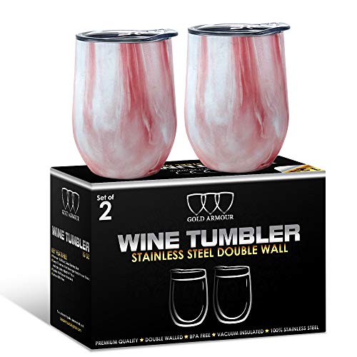2Pack Stainless Steel Stemless Wine Glass Tumbler with Lid, 12 oz | Double Wall Vacuum Insulated Travel Tumbler Cup - Sweat Free, Unbreakable, BPA Free (Pattern: Primrose Marble)