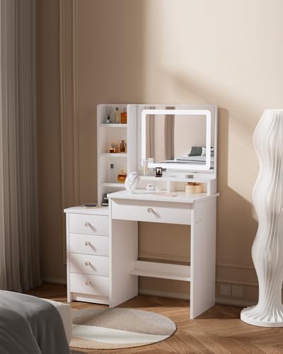 Vanity Desk, Makeup Table with Mirror and Lights, 90cm White Dressing Table, Five Drawers