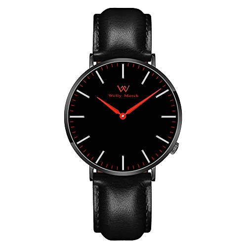 Welly Merck Swiss Movement Sapphire Crystal Men's Luxury Watch Minimalist Analog Wrist Watch 20mm Italy Genuine Leather Interchangeable Black Strap 5 ATM Water Resistant