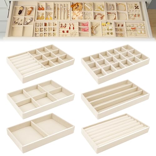 6 Velvet Jewellery Trays for Drawers for Storing/Displaying Jewellery, Jewellery Storage Drawer with 6 Different Styles, Jewellery Storage Tray for Ring/Necklace/Bracelet (Beige)