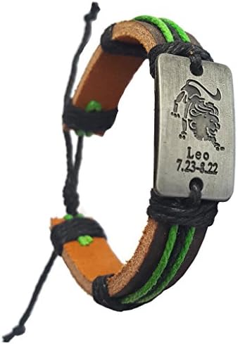 Pewter Rectangle Zodiac Adjustable Leather Bracelet with Colorful String Unisex with Metal Zodiac Sign Logo Charm Silver Tone (Leo)