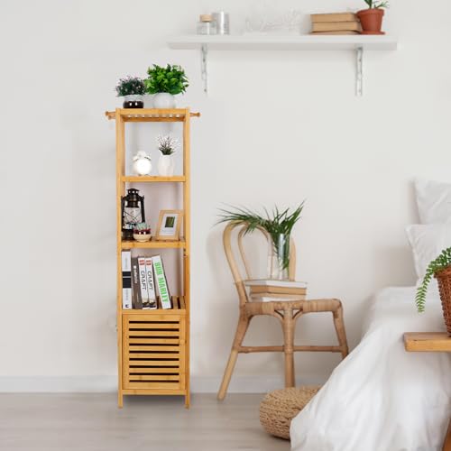 medla Bamboo Bathroom Storage Floor Cabinet: 4 Tiers Multifunctional Floor Shelving Unit Bathroom Floor Cabinet Natural Floor Shelf Free Standing Tower Corner Rack for itchen Living Room Bedroom