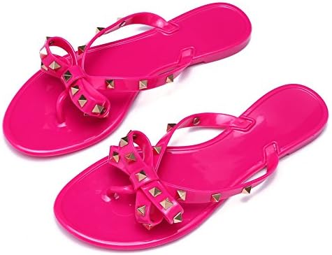 Qilunn Womens Bow Flip Flop Sandals,Jelly Thong Flat Sandals Summer Beach Shoes With Rubber Rivets Bowtie Flip Flops(5 B(M) US/37m EU,Rose)
