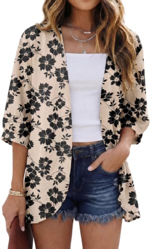 GRECERELLE Womens Summer Lightweight 3/4 Sleeve Cardigan Open Front Casual Loose Kimono Cover Ups, Khaki Black Flower, L at Amazon