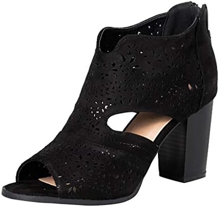 Women Peep Toe Laser Cutout Ankle Booties Stacked Chunky Heel Back Zip Open Toe Heeled Sandals Shoes by Lowprofile
