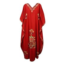 Mogul Interior Womens Caftan Maxi Dress Hot Red Embroidered Kashmiri Kaftan One Size