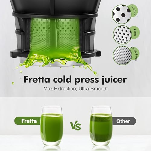Fretta Cold Press Juicer, 135mm Feed Chute, Whole Fruit Juicer, Easy Clean | Less Prep, Family Batch Juicing, Quiet Operation for Daily Juicing, Stainless Steel Housing, Safety Lock and Reverse Function