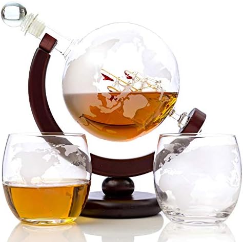 KemstoodWhiskey Decanter Sets for Men - Etched World Globe Design with Wood Stand & 2 Glass - Ideal for Dignified Drinking, Home Decor - Unique Whiskey Gifts for Men - 28 oz / 850 ml Capacity