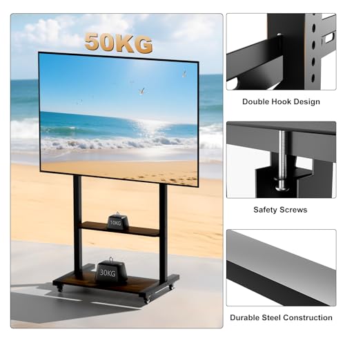 medla Mobile TV Stand for 40-100 Inch TV, Heavy Duty Rolling TV Cart with Lockable Wheels, Height Adjustable, 2 Shelves, VESA 600x400mm Floor TV Mount