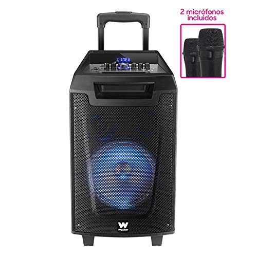 Woxter-RocknRoller-Altavoz-trolley-con-funcin-karaoke-Potencia-de-80W-Display-Led-Bluetooth-Lector-SDUSB-AUX-Prioridad-Mic-Mando-a-distancia-Batera-de-alta-capacidad-y-2-micrfonos-inalmbricos