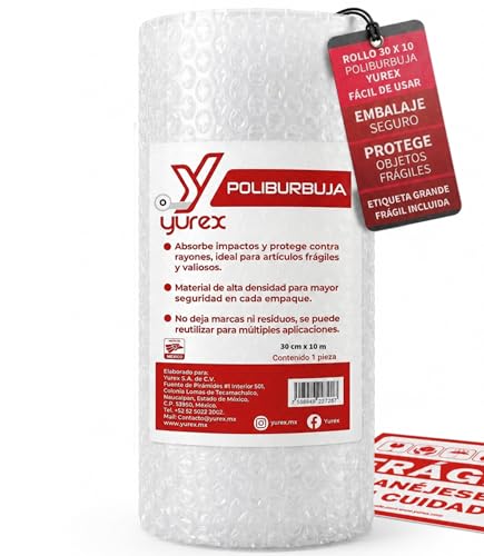 YUREX Papel Burbuja 30cm x 10m Poliburbuja para Empaque y Embalaje Seguro Protege Objetos Frágiles Amortigua Golpes Reduce Vibraciones Cuida Superficies sin Dejar Marcas Incluye Etiqueta Frágil Grande