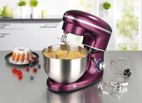 Küchenmaschine 6L Schüssel - 1.500 WATT in Beere mit Planetenrührwerk inkl. Edelstahlschüssel, Schneebesen, Knethaken, Rot