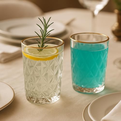 Conjunto 6 Copos de Vidro Lapidado com Borda Dourada, Fio de Ouro – 350 ml | Copos Elegantes para Água, Sucos e Drinks Sofisticados