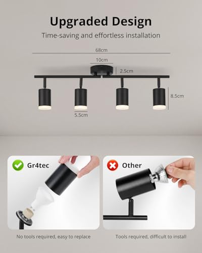 Gr4tec Ceiling Spotlight 4 Bulbs, Modern Ceiling Light Spotlight Swivelling, Black Ceiling Light Spot GU10, Metal Spotlight Bar Ceiling Spotlight for Kitchen, Hallway, Office, Bedroom (Bulb Not Included)