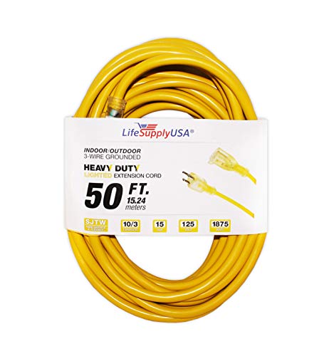 LifeSupplyUSA 10/3 50ft SJTW Lighted End Extension Cord, 15 Amp, 125 Volt, 1875 Watt, Super Heavy Duty Outdoor Jacket (50 Feet)