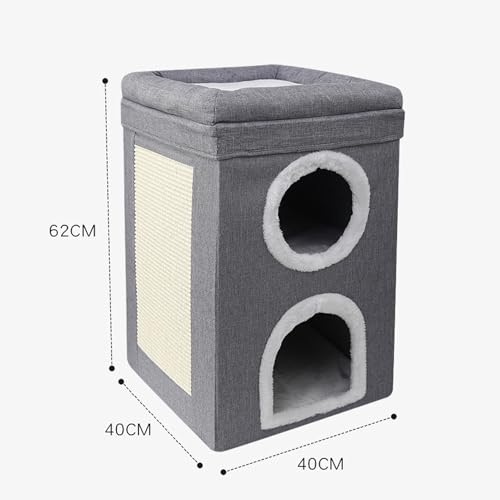 Nyganmelloz Foldable Cat House,2-Storey Indoor Large Cats Cave Kitten Beds Covered Bed Furniture Tree with Scratch Pad Hideaway Cave, Kitty Tunnel Sleeping Cute Modern Cat Condo Stool Play