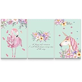 3 Panel Pastel Floral Flamingo and Unicorn Triptych...
