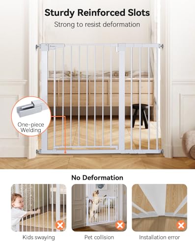 COMOMY Dog Gate, 91.5 cm Extra Tall, 75-110 cm Large Width Baby Safety Gate Automatic Closing, Durable Child Safety Barrier for Stairs, Pressure Mounted, White