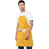 Caldo Daily Cotton Kitchen Apron for Cooking- Mens and Womens Professional Chef or Server Bib Apron - Adjustable Straps with Pockets and Towel Loop (Mustard)