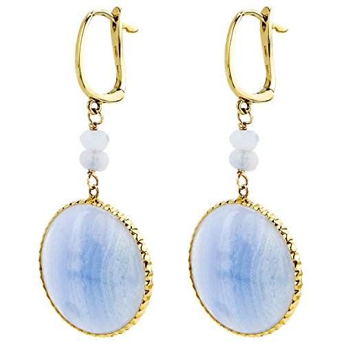 14k Yellow Gold 20mm and 4mm Simulated Blue Lace Agate Lever-back Earrings