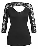 Women's V Neck 3/4 Sleeve Floral Lace Inset Cutout Open Back Plus Size Knit Top