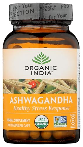 ORGANIC INDIA Ashwagandha Capsules - Organic Ashwagandha Supplement - Vegan Ashwagandha Root, Gluten-Free, Kosher, Non-GMO, Supports Stress Relief, Energy, and Sleep - 90 Capsules