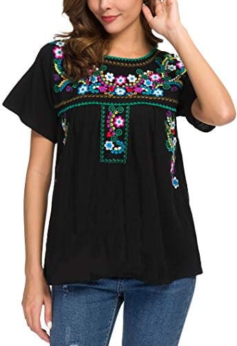 Women's Summer Casual Embroidered Blouse Short Sleeve Tops
