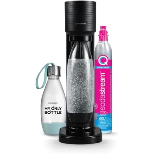 SodaStream GAIA - Macchina per acqua frizzante, confezione da 1 bottiglia da 1 l + 1 bottiglia da 0,5 l compatibili con lavastoviglie + 1 ricarica di gas da 60 l a clip, nero [Amazon Exclusive], nero
