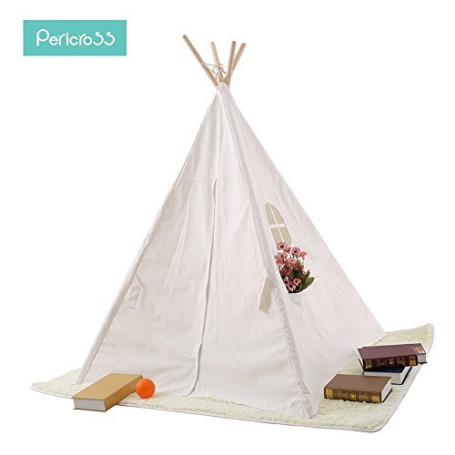 Pericross 4 Panel Teepee Cotton Canvas Play Tent with Connected Bottom (Solid White)