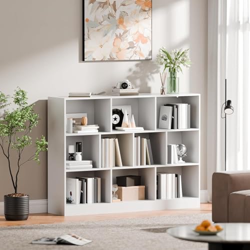 Librero de 10 Compartimentos, 3 Repisas Librero Organizador, Librería Vertical de Pie, Librería Cubby Sencilla Blanco Para Exposición, Almacenaje, para Sala,Oficina,Dormitorio, 120*104*24 CM