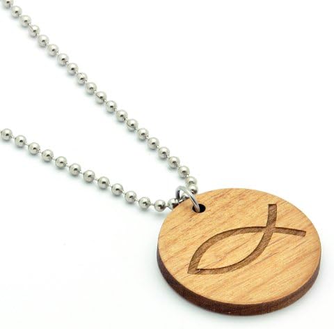 Fish Jesus sign Wooden Pendant with Steel Bead Necklace SwaggWood Made in USA