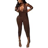 ksotutm Sexy Bodycon Halter Deep V Neck Backless Long Jumpsuits Romper Slim Casual Workout Club Pants One Piece Outfits