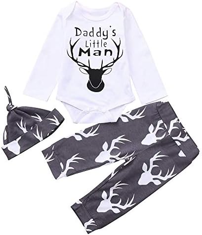 3PCS Toddler Baby Daddy's Little Man Letter Print Long Sleeve Romper+Deer Head Print Pants+Hat Set Outfit New