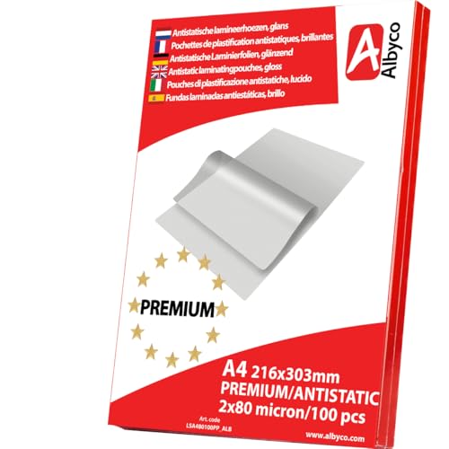 Albyco Copertina per Plastificazione A4 Premium ANTISTATICA - Foglio per Plastificazione - Formato A4 216x303 mm - Lucido - Spessore 2x80 (160) Micron (100 pezzi)