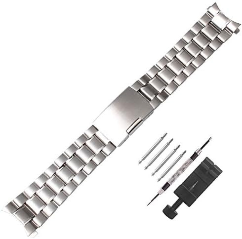 Stainless Steel Watch Band with Curved End Design Bracelet for Women Mens Metal Fold Over Wrist Strap Replacement Silver,Repair Kits Included