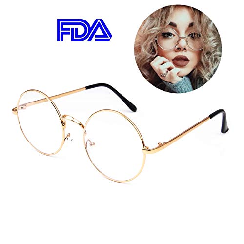 Retro Round Glasses Clear Lens Metal Frame UV400 Protection for Men Women Gold