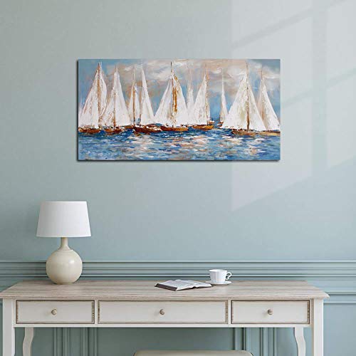Large White Sailboats Canvas Painting Wall Art Decor for Living Room Office Abstract Seascape