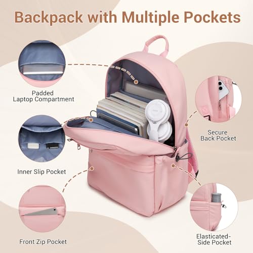 Kono Mochila Escolar Adolescente Mujer Hombre, Mochilas Instituto Ligera Impermeable 15.6 Pulgadas Portátil, Mochila Casual Viaje Trabajo Colegio Universidad (Rosa)