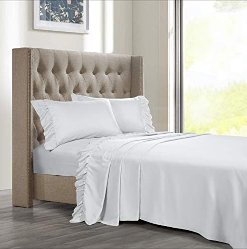 VINTAGE SELECT Queen (White) 4 Piece Ruffle Hem Ultra Soft Sheet Set Wrinkle & Fade Resistant