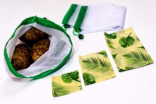 Zero Waste Food Storage Starter Pack - 3 Reusable Beeswax Wraps + 3 Cloth Produce Bags; Eliminate Plastic From Your Life! (Reusable Food Wraps are 15"x15", 10"x10", 7"x7")