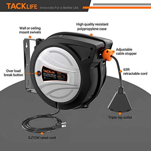 TACKLIFE Retractable Extension Cord, 65FT+4.5FT Slow Retraction, Wall/Ceiling Mount, 12AWG, 3C SJTOW, Commercial Premium Flexible Cable, Triple Tap Connector-ECR02A