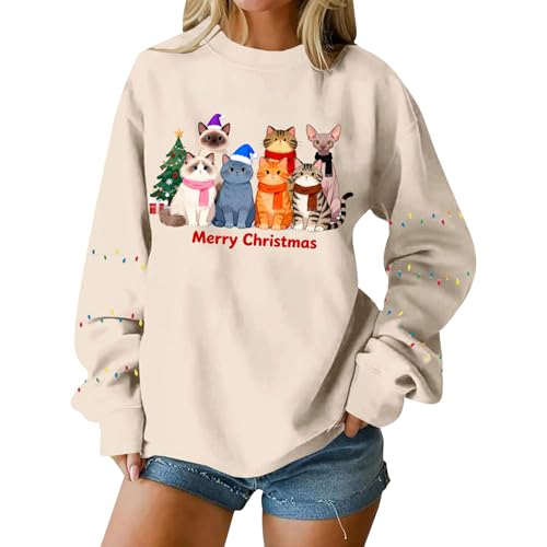 Christmas Jumpers for Women Cute Cat Dog Print Sweatshirt Oversized Funny Christmas Jumper 2025 Long Sleeve Crewneck Ugly Shirt Ladies Fashion Hoodies Sweaters Long Sleeve Tops Women Clothing