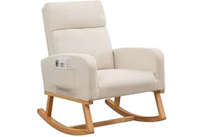 HOMYKA Rocking Chair Nursery, Upholstered Fabric Glider Rocking Nursing Chair with Extended Wood Legs & Side Pocket, Comfy Nursery Chair for Living Room, Bedroom, Beige