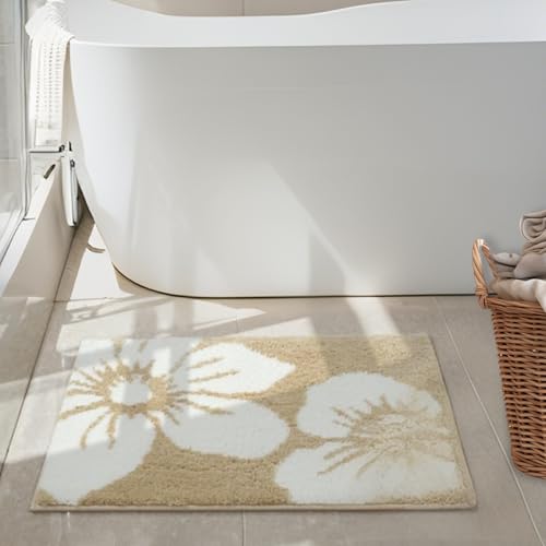 Bathroom Mat 19.7x31.5 Inch, Non Slip Extra Soft Absorbent Washable Bathroom Rugs, Mid Century Modern Boho Area Rug Welcome Mat Floral Faux Wool Bath Mat for Bathroom, Bedroom, and Kitchen,Brown