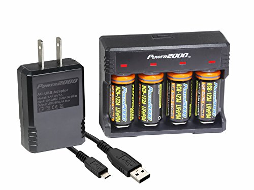 Power2000 CR-123A4 4-Pack Rechargeable CR-123A LiFePO4 Battery & Charger Kit with USB Adapter Power2000 CR-123A4 4-Pack Rechargeable CR-123A LiFePO4 Battery & Charger Kit with USB Adapter