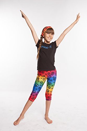 YogaBerries KIDS Capri Yoga Pants. Printed Stretchy Soft Active, 4 way stretch Spandex Running Tights, Workout, Casual Wear Leggings for young girls. (Rainbow Peace , 5/6)